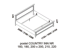 Postel Country Inn - rozměrový nákres. Nízké čelo u nohou. Provedení: masivní borovice. Český výrobek. Kvalitní zpracování. 